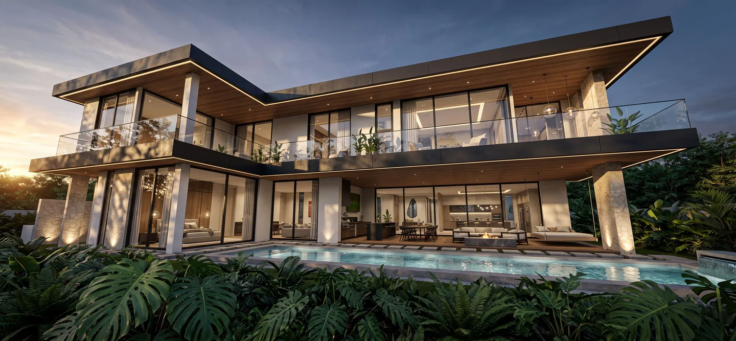 Two-level rear facade opening toward the pool