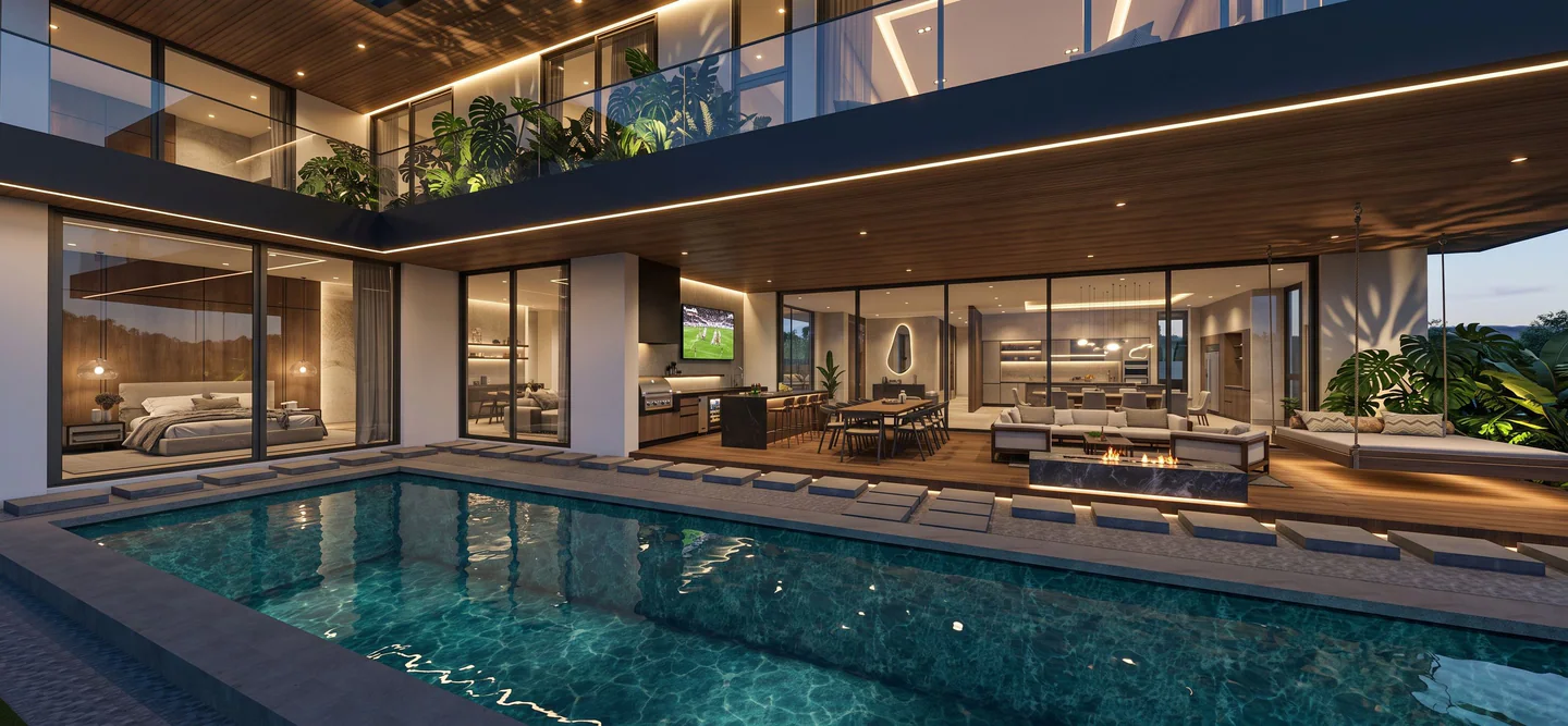 Connected social terrace, pool and interior spaces