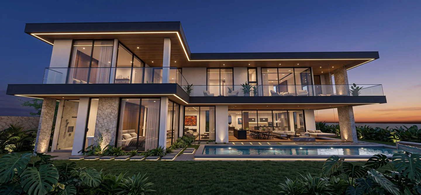 Rear elevation of Hacienda Espinal 900 at nightfall