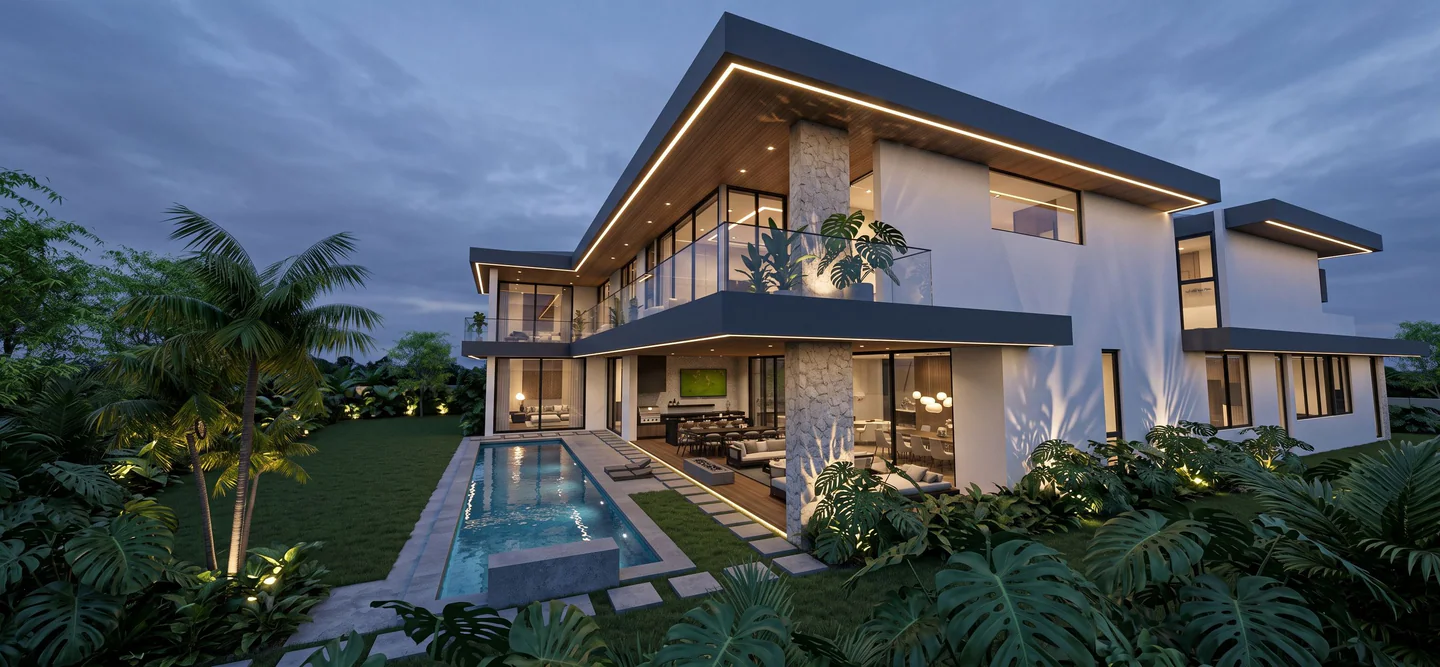 Tropical garden, linear pool and residential overhangs