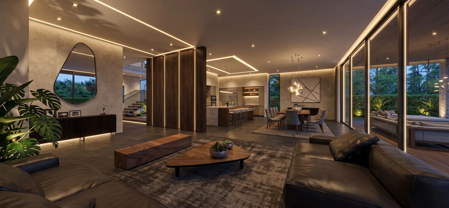 Main living room integrated with dining, kitchen and garden