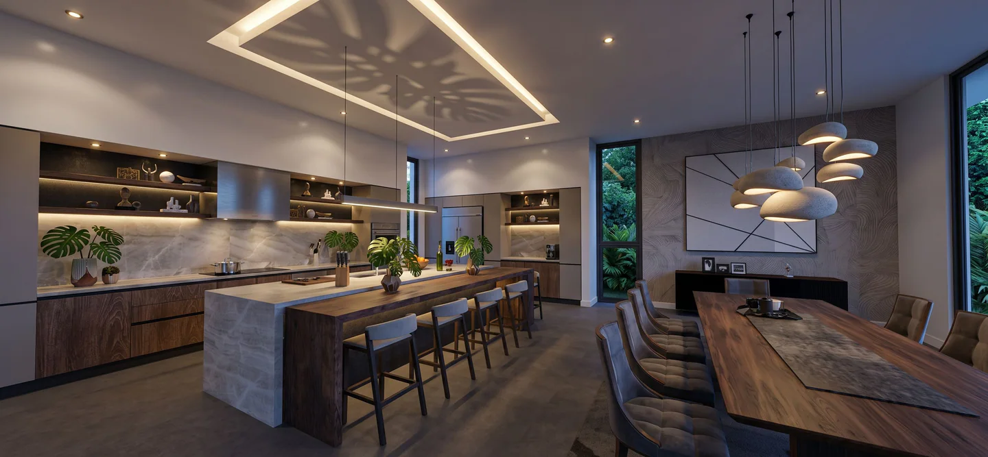 Contemporary kitchen with island and dining room at Hacienda Espinal 900