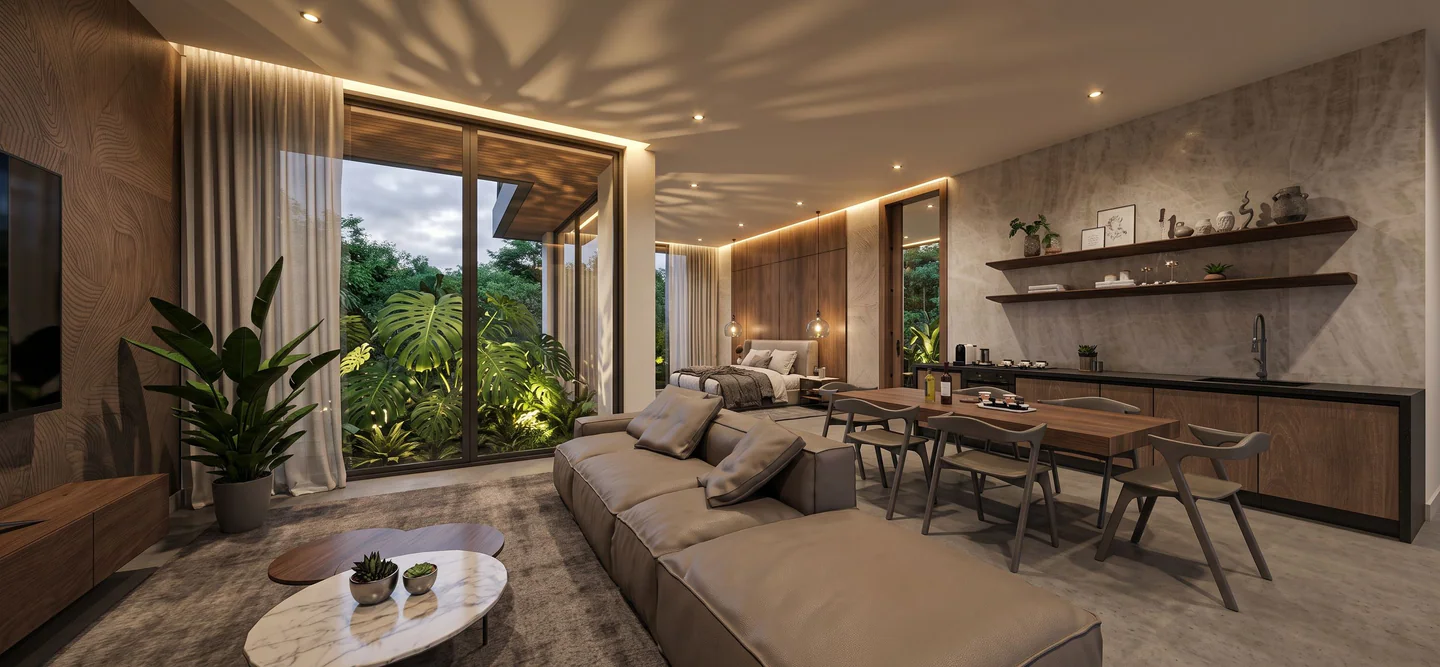 Private suite with lounge, dining area and interior garden