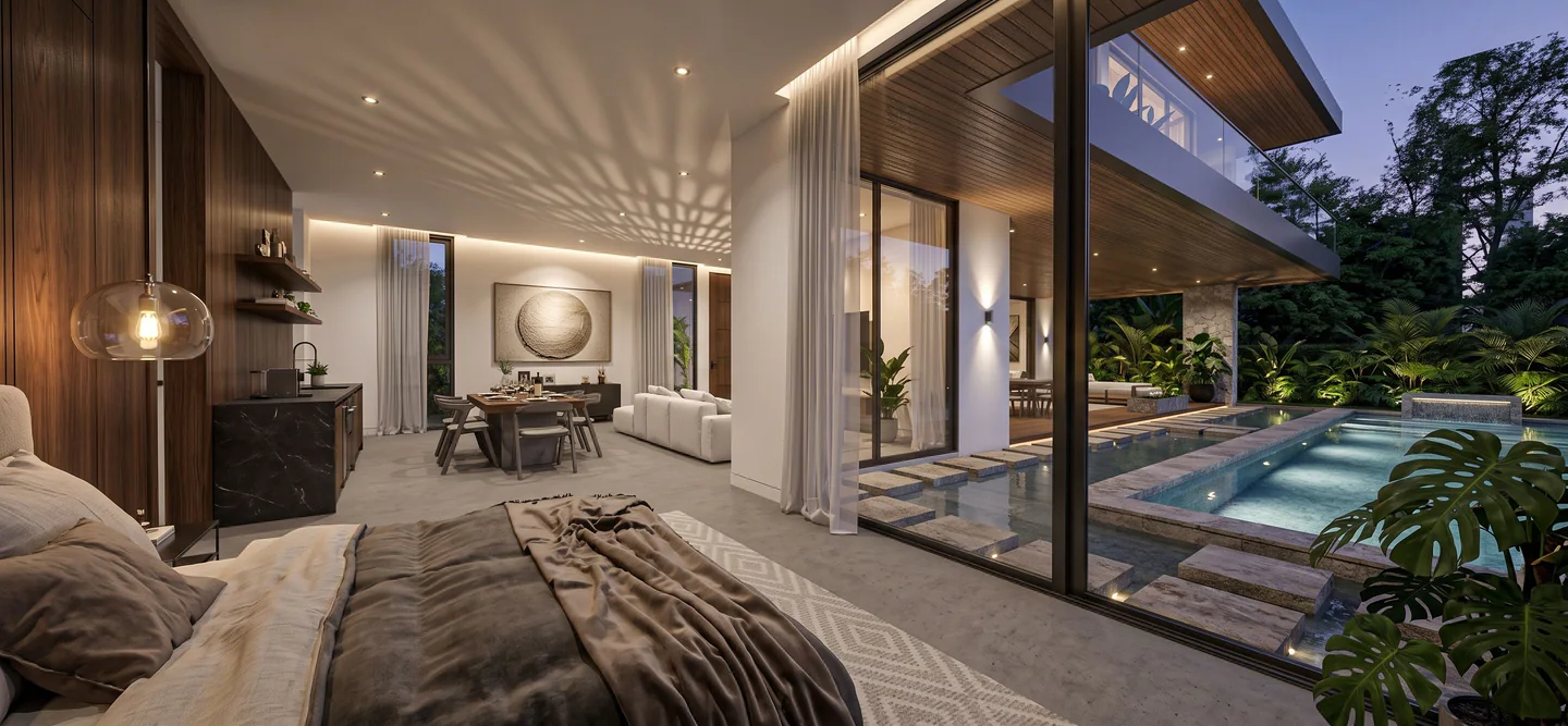 Bedroom at Hacienda Espinal 900 with a direct pool view