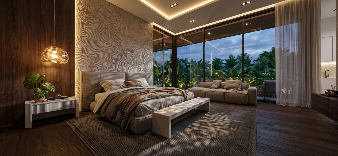 Primary bedroom with warm finishes and a tropical garden