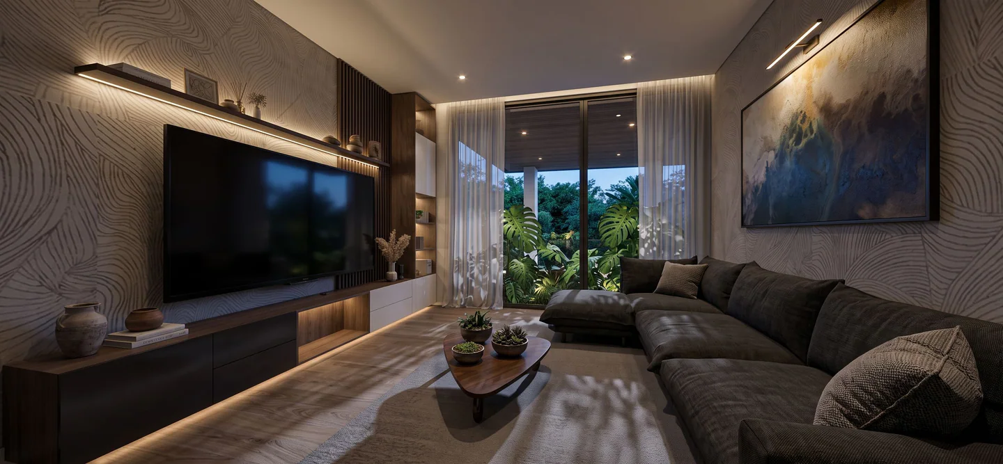 Private media lounge with integrated millwork