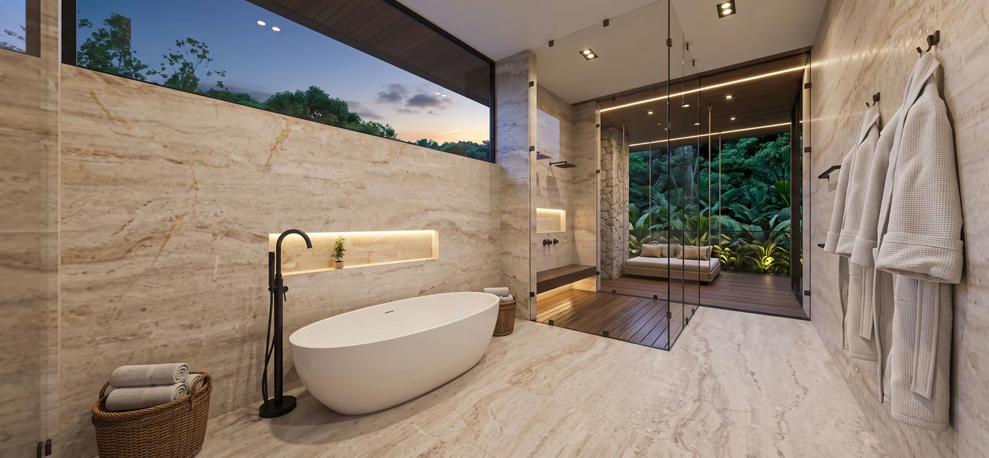 Spa-like primary bathroom with freestanding tub and glass shower