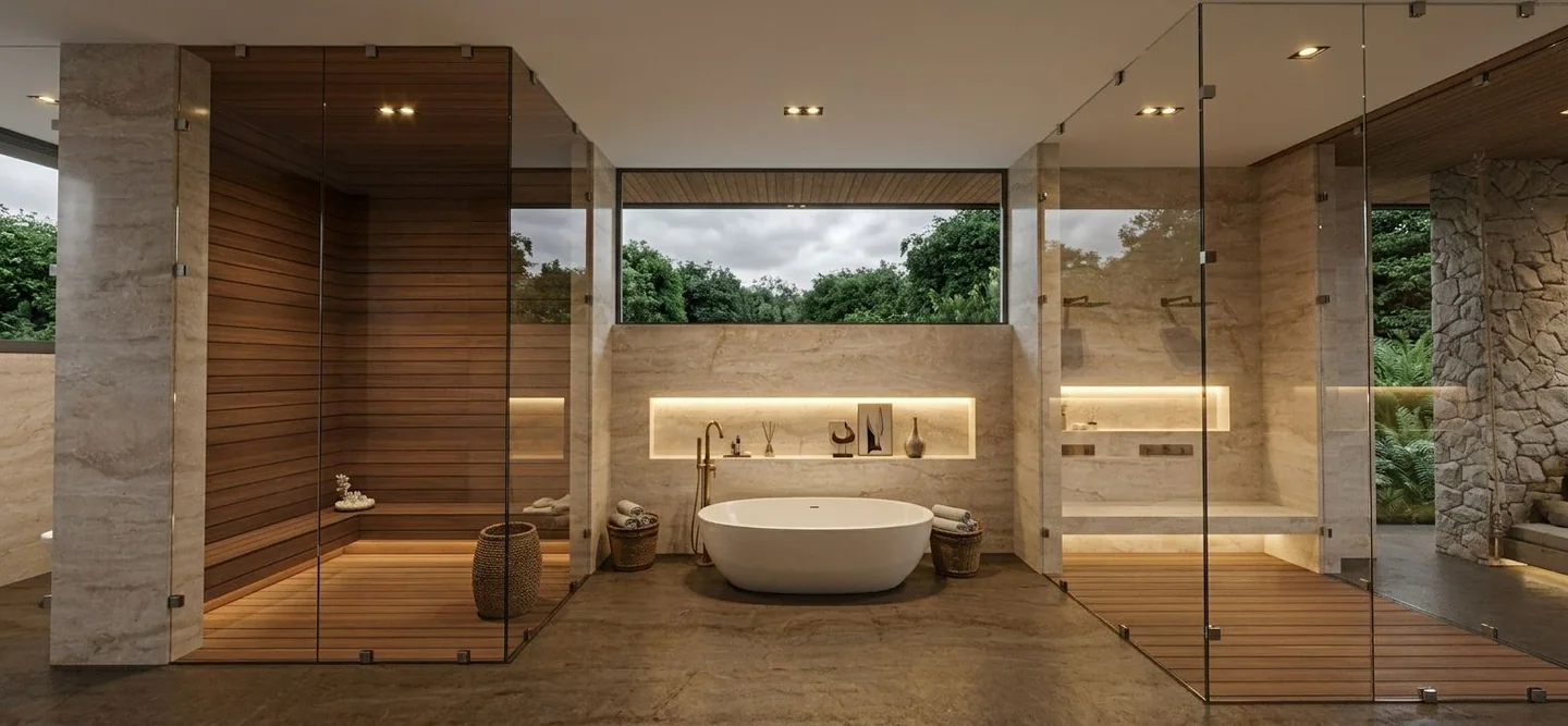 Wellness bathroom with central tub, sauna and shower