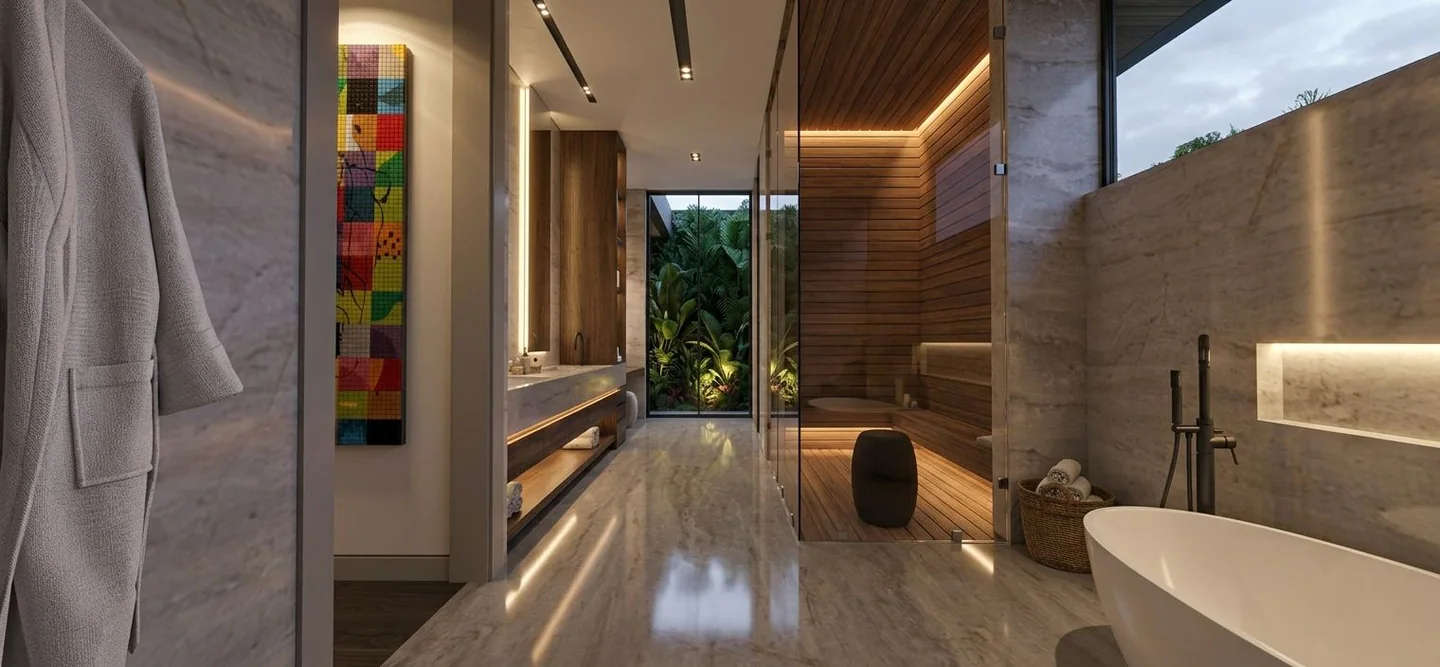 Perspective through the wellness and sauna sequence