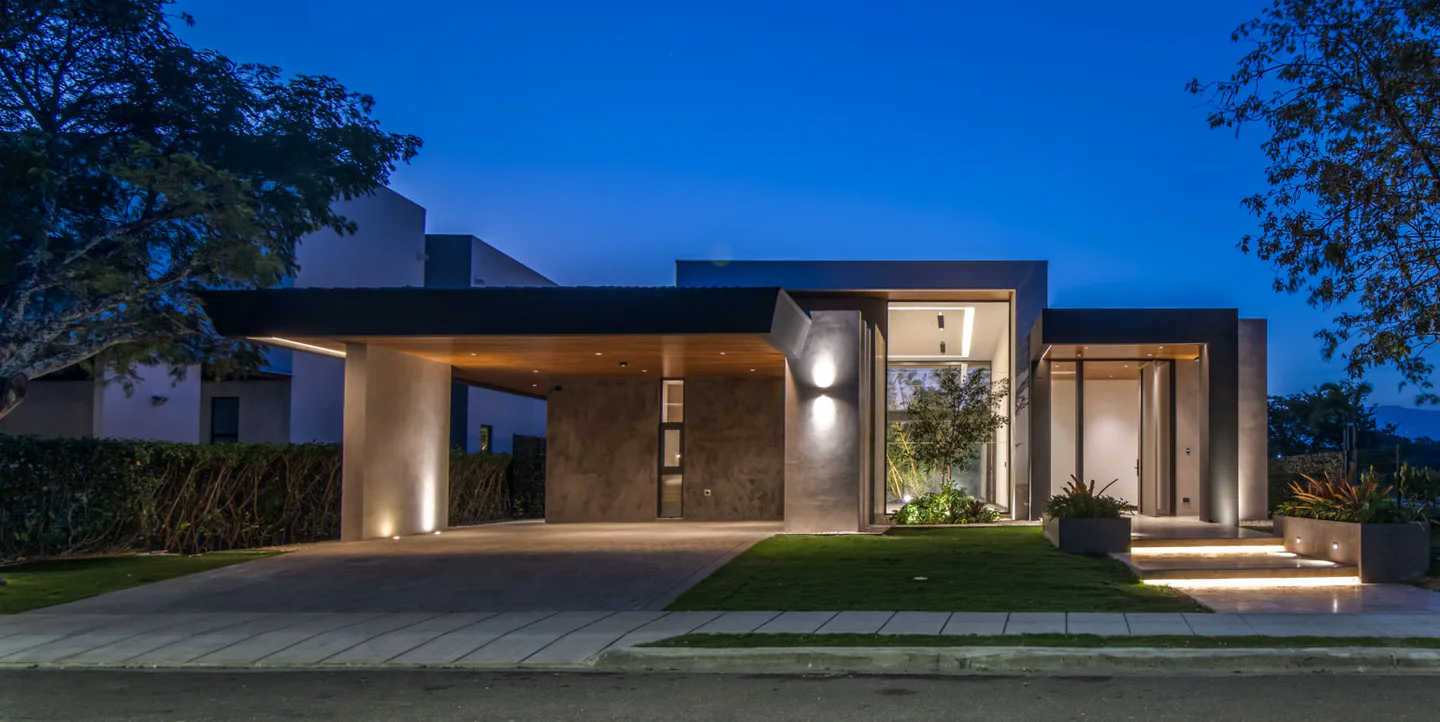 Valle del Sol 400 entrance at dusk with architectural lighting