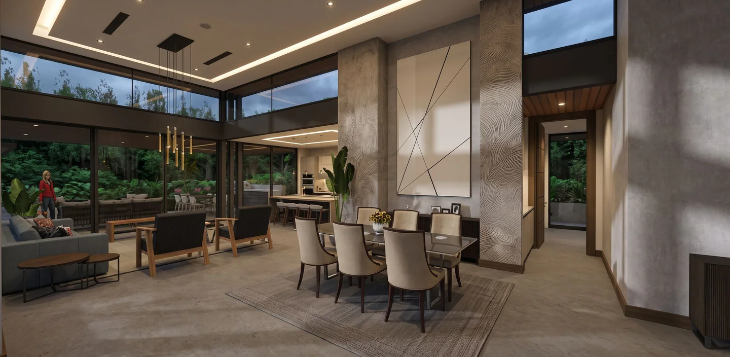 Sala, comedor y cocina de Valle del Sol 550 integrados con la terraza