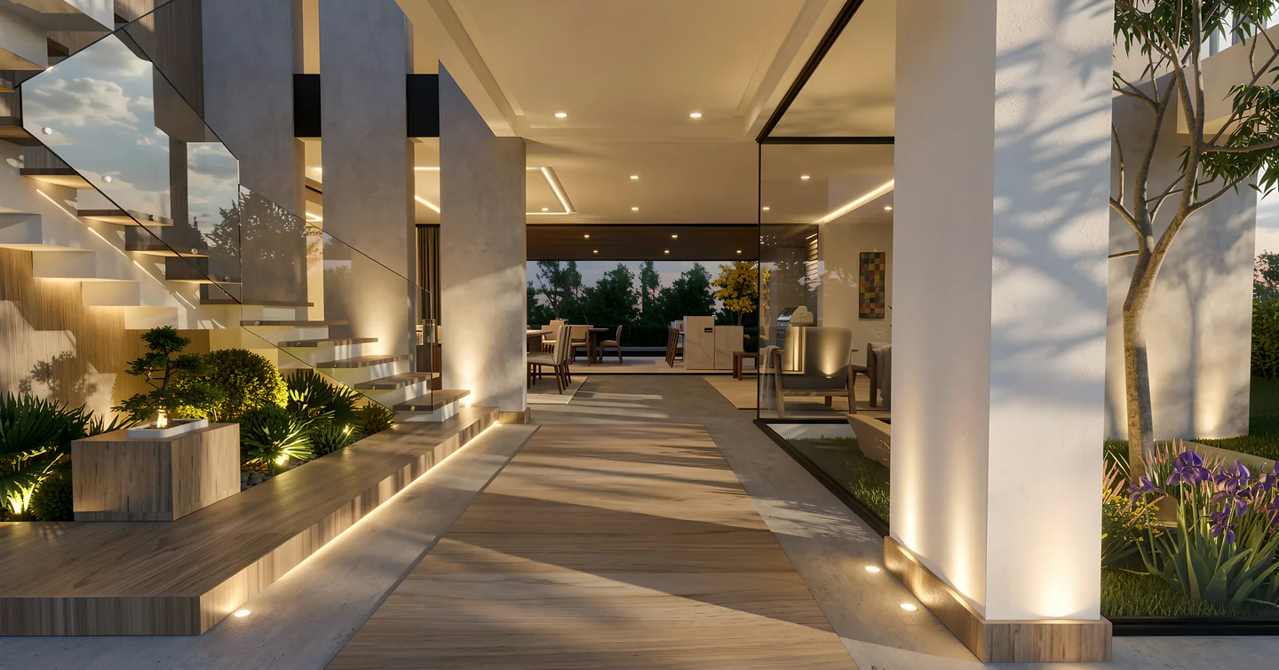 Circulación central de Valle del Sol 550 conectada con la escalera y el jardín
