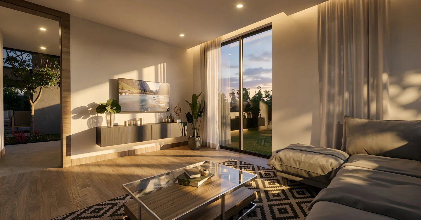 Sala familiar de Valle del Sol 550 abierta hacia el jardín