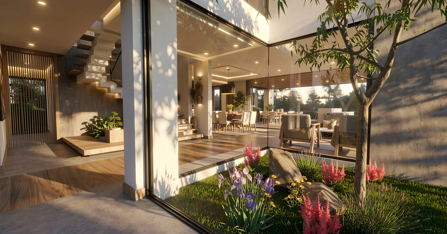 Jardín interior de Valle del Sol 550 enmarcado por superficies acristaladas