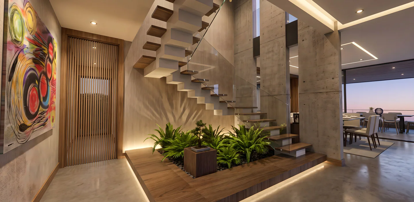 Escalera de Valle del Sol 550 integrada con un jardín interior iluminado