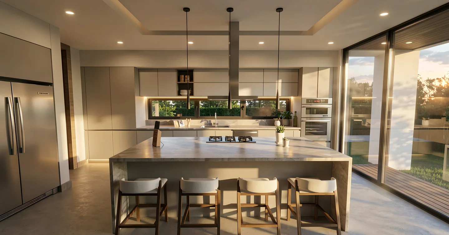 Cocina contemporánea de Valle del Sol 550 con isla central y apertura al exterior