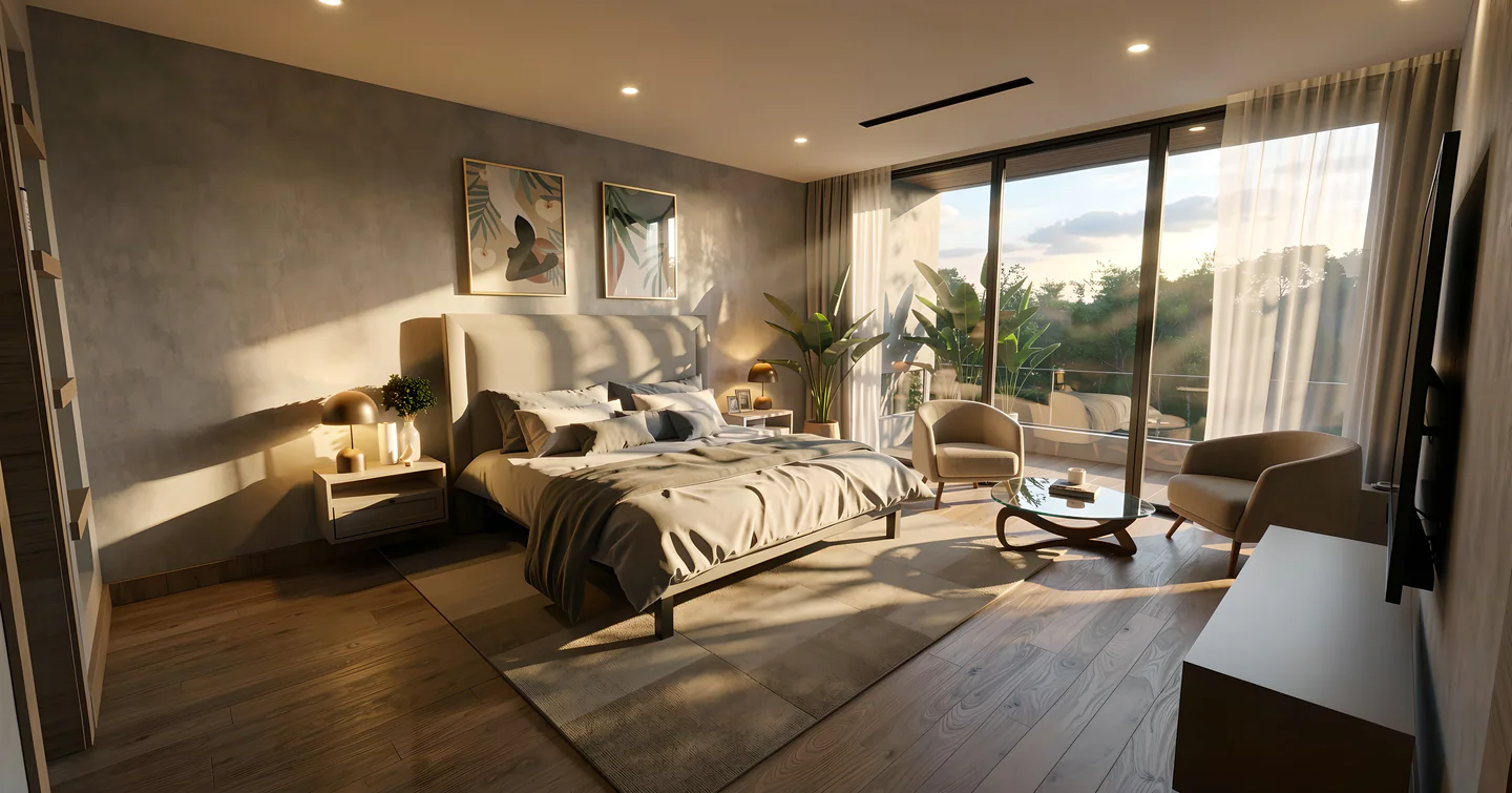 Dormitorio principal de Valle del Sol 550 con terraza y vegetación exterior