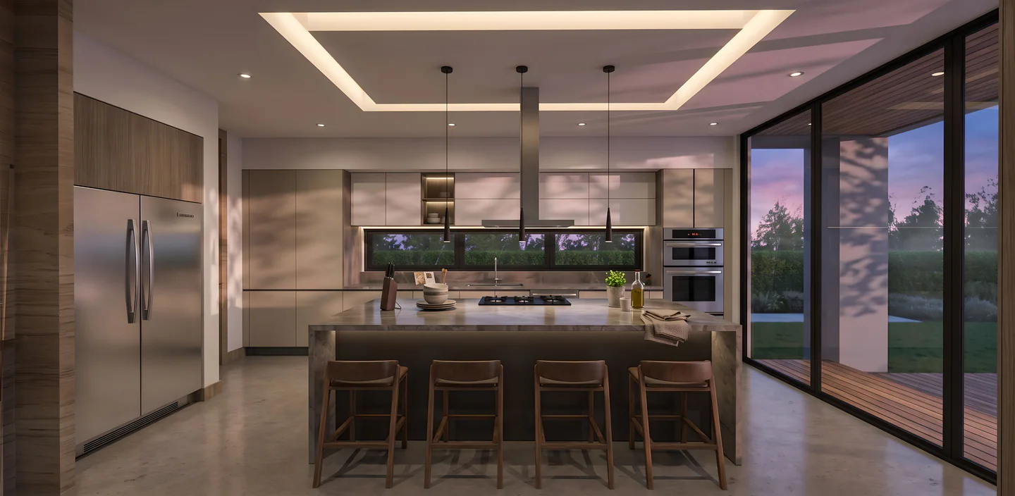 Cocina contemporánea de Valle del Sol 550 con isla central y apertura al jardín
