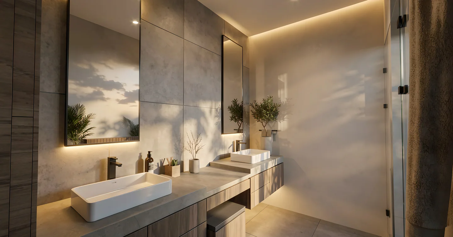 Baño principal de Valle del Sol 550 con doble lavamanos y luz indirecta