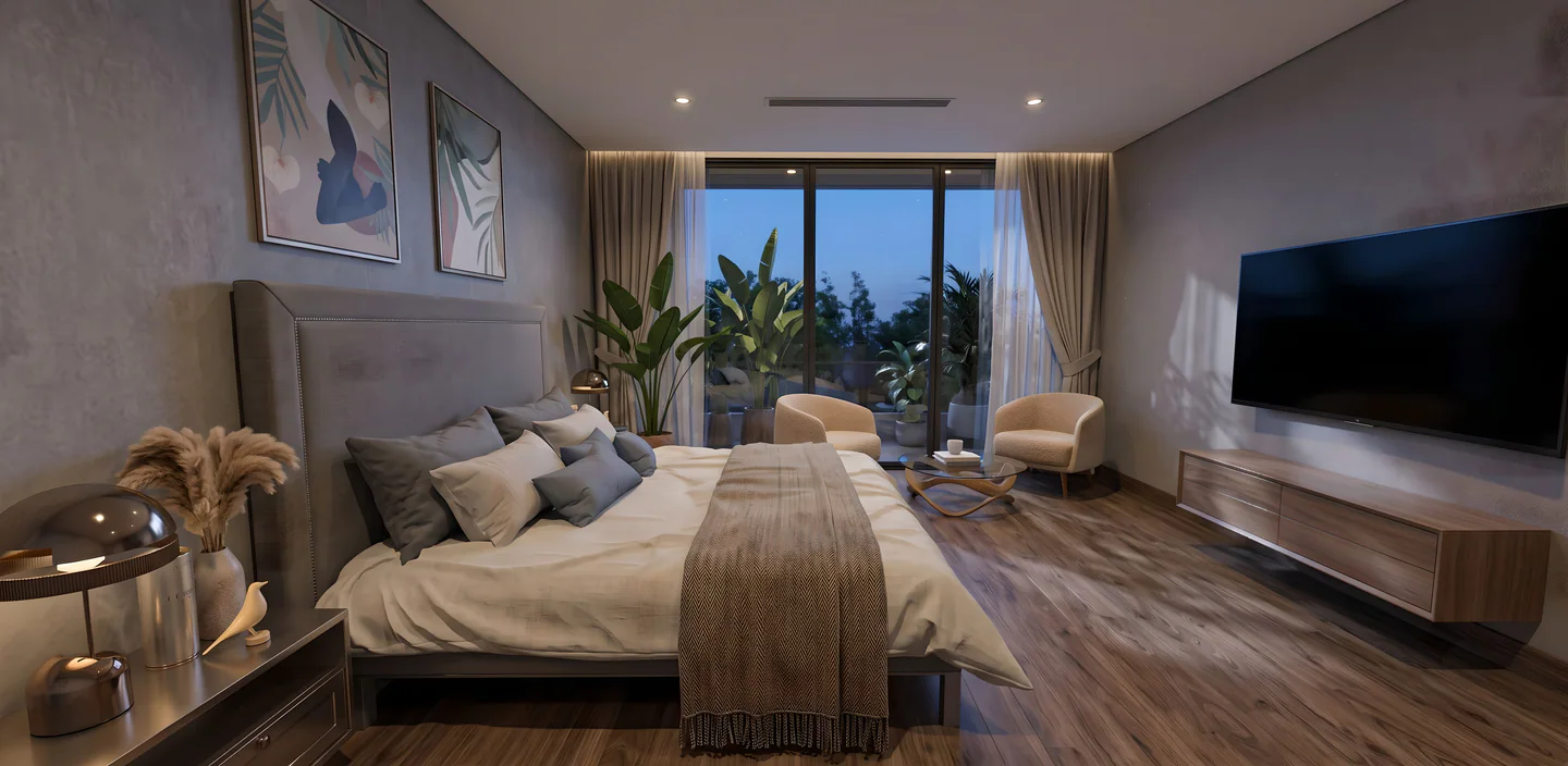 Dormitorio principal de Valle del Sol 550 con terraza y vegetación exterior