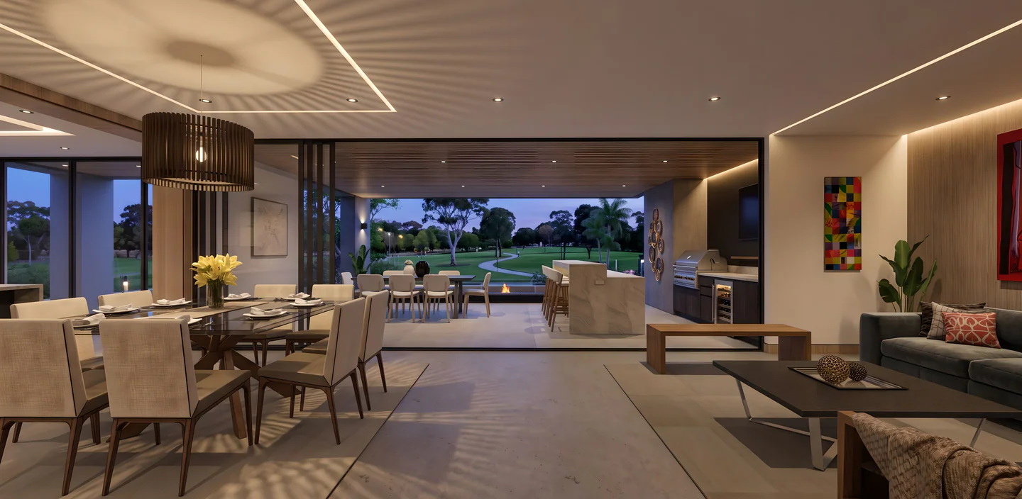 Sala, comedor y terraza de Valle del Sol 550 integrados hacia el paisaje