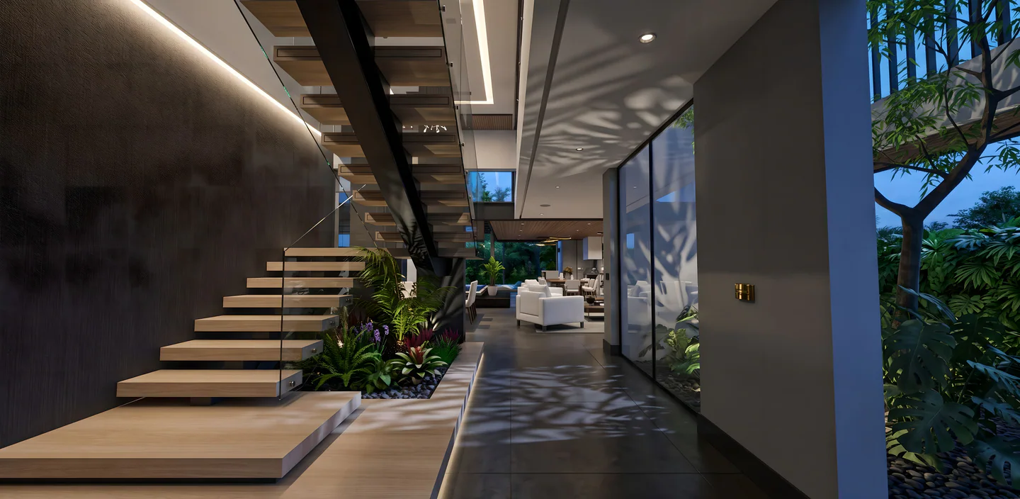 Escalera abierta y jardín interior de Villa Real 500