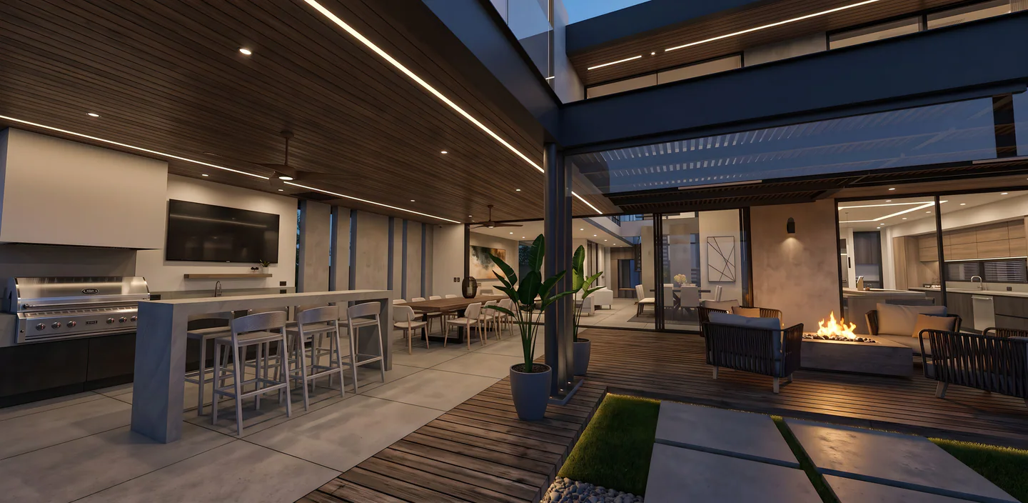 Terraza social, cocina exterior y fogatero de Villa Real 500