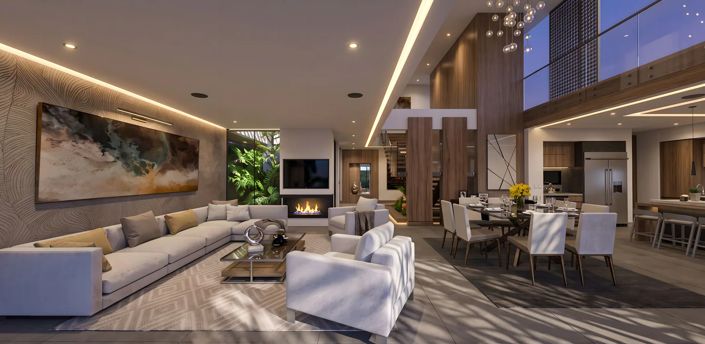 Sala, comedor y doble altura de Villa Real 500