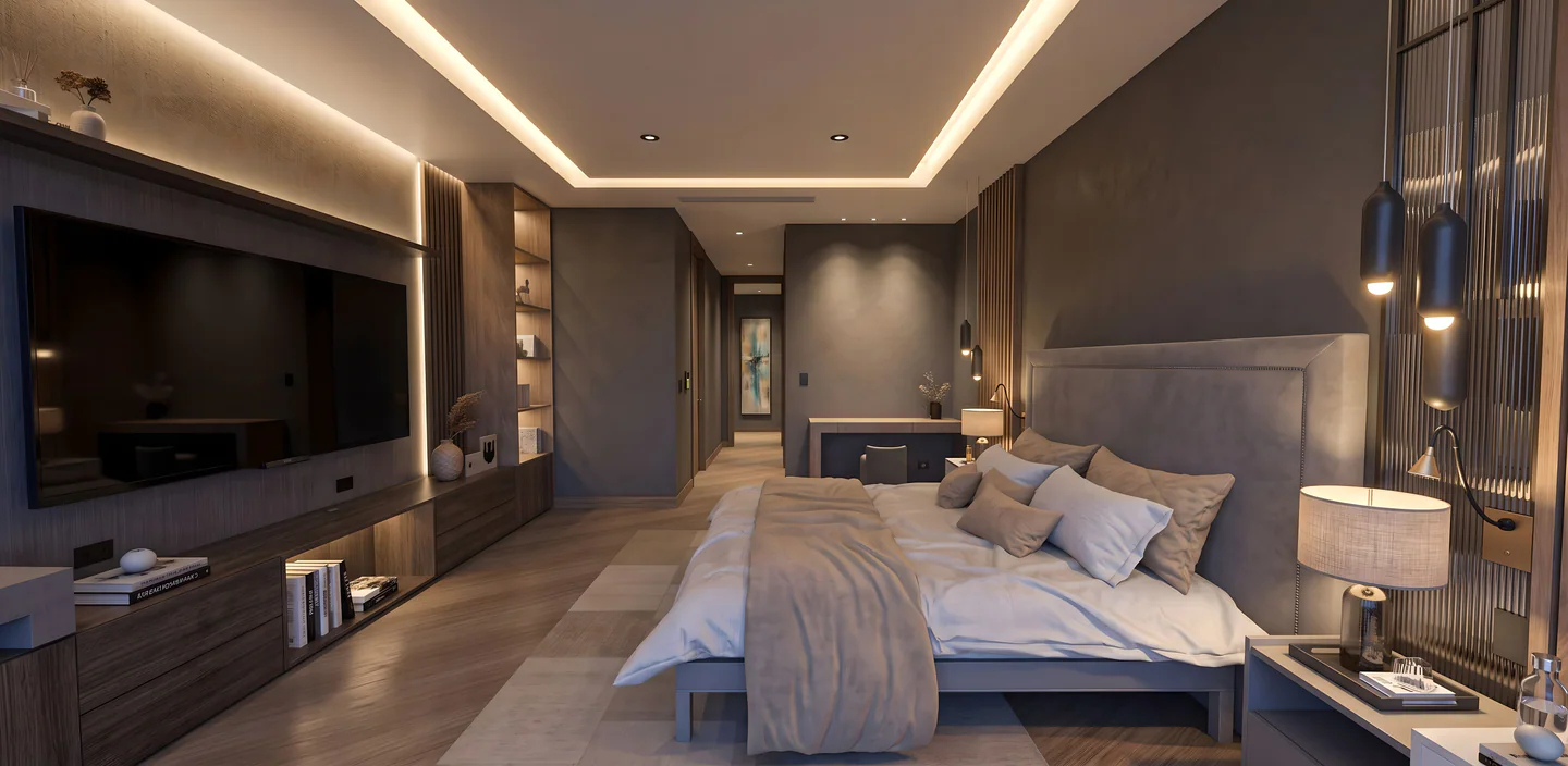 Dormitorio principal de Villa Real 500 con iluminación integrada
