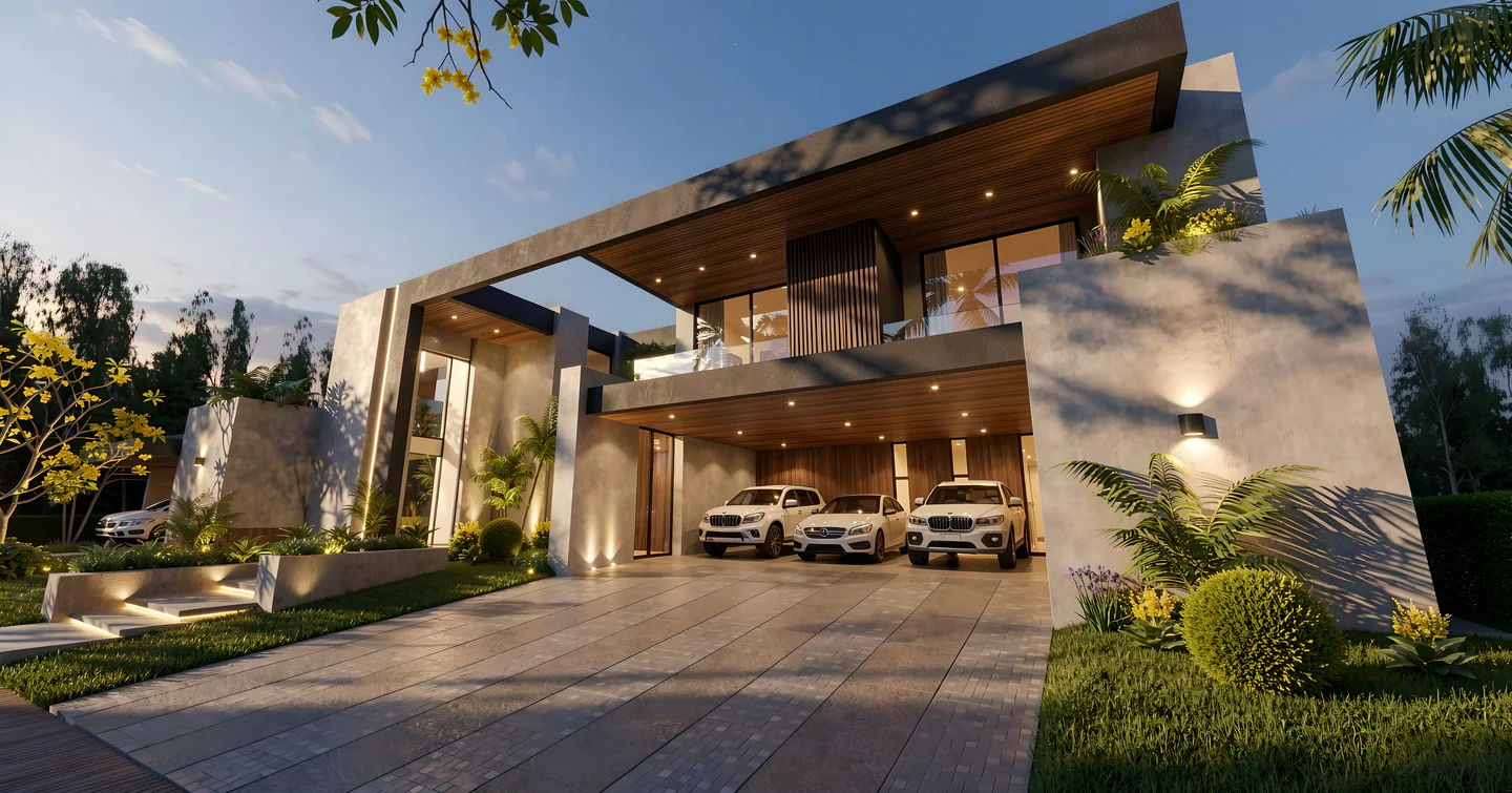 Perspective of the main facade and vehicle arrival at Villa Real 900
