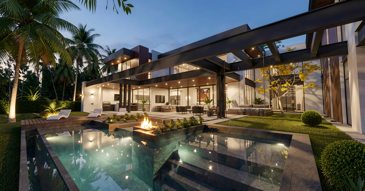 Rear facade of Villa Real 900 opening toward the pool at dusk
