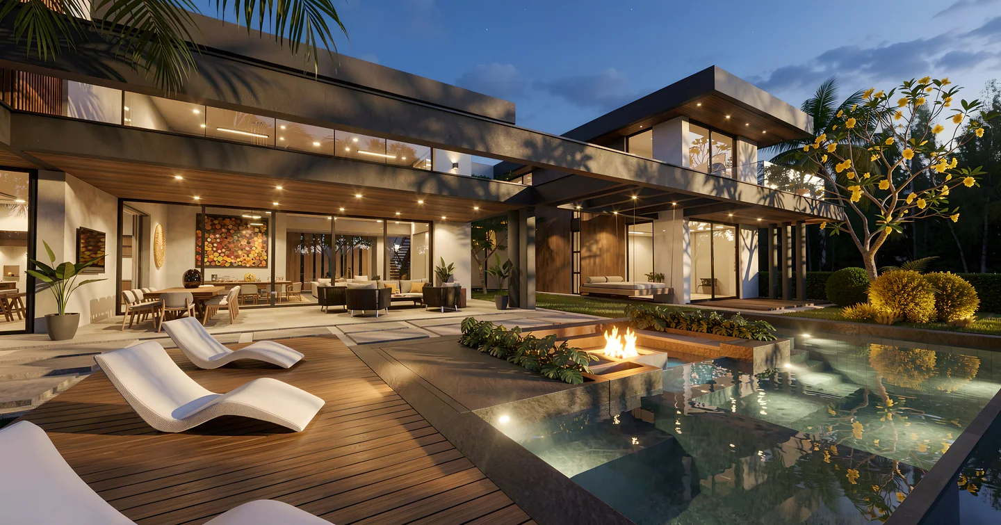 Terrace, pool and garden at Villa Real 900 connected to the social spaces