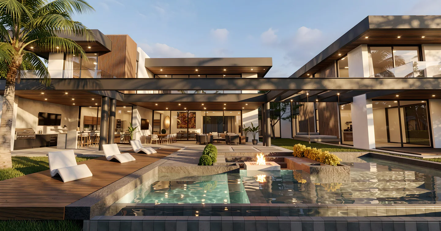 Pool and rear facade of Villa Real 900 in afternoon light