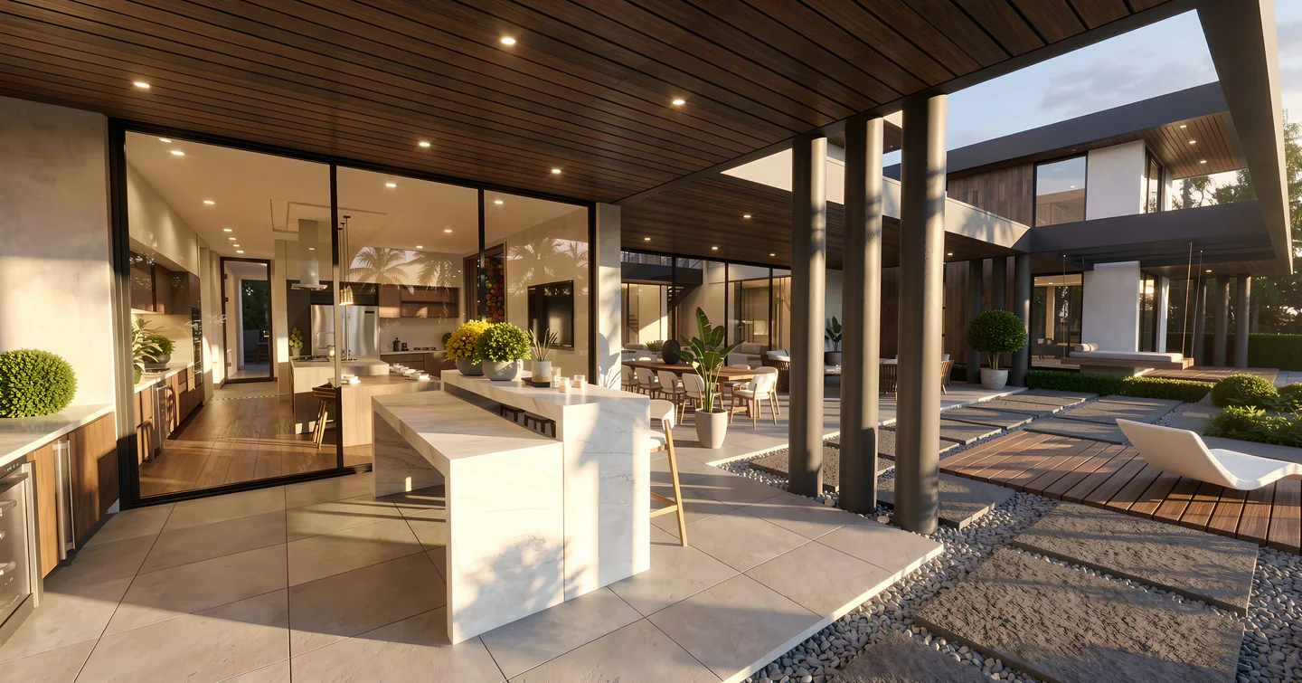 Social courtyard at Villa Real 900 integrated with an outdoor kitchen and garden