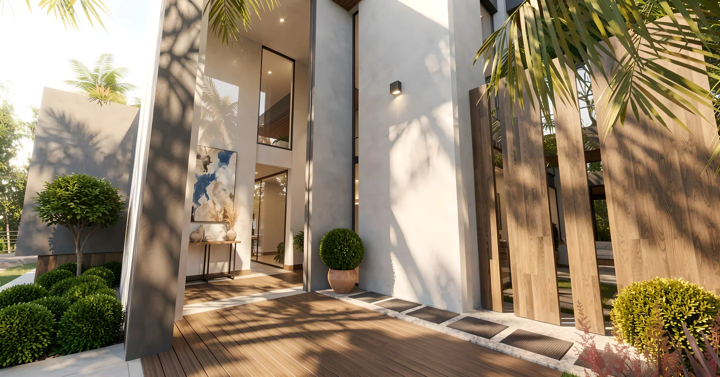 Arrival sequence at Villa Real 900 between vertical timber planes