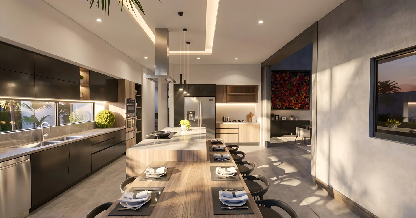 Kitchen at Villa Real 900 with an island and informal dining