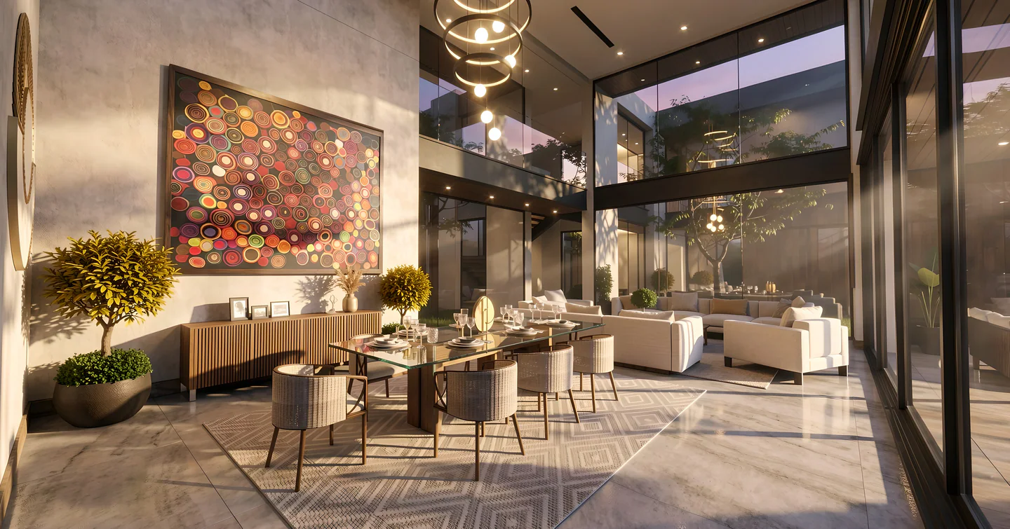 Double-height dining and living spaces at Villa Real 900 connected to the courtyard