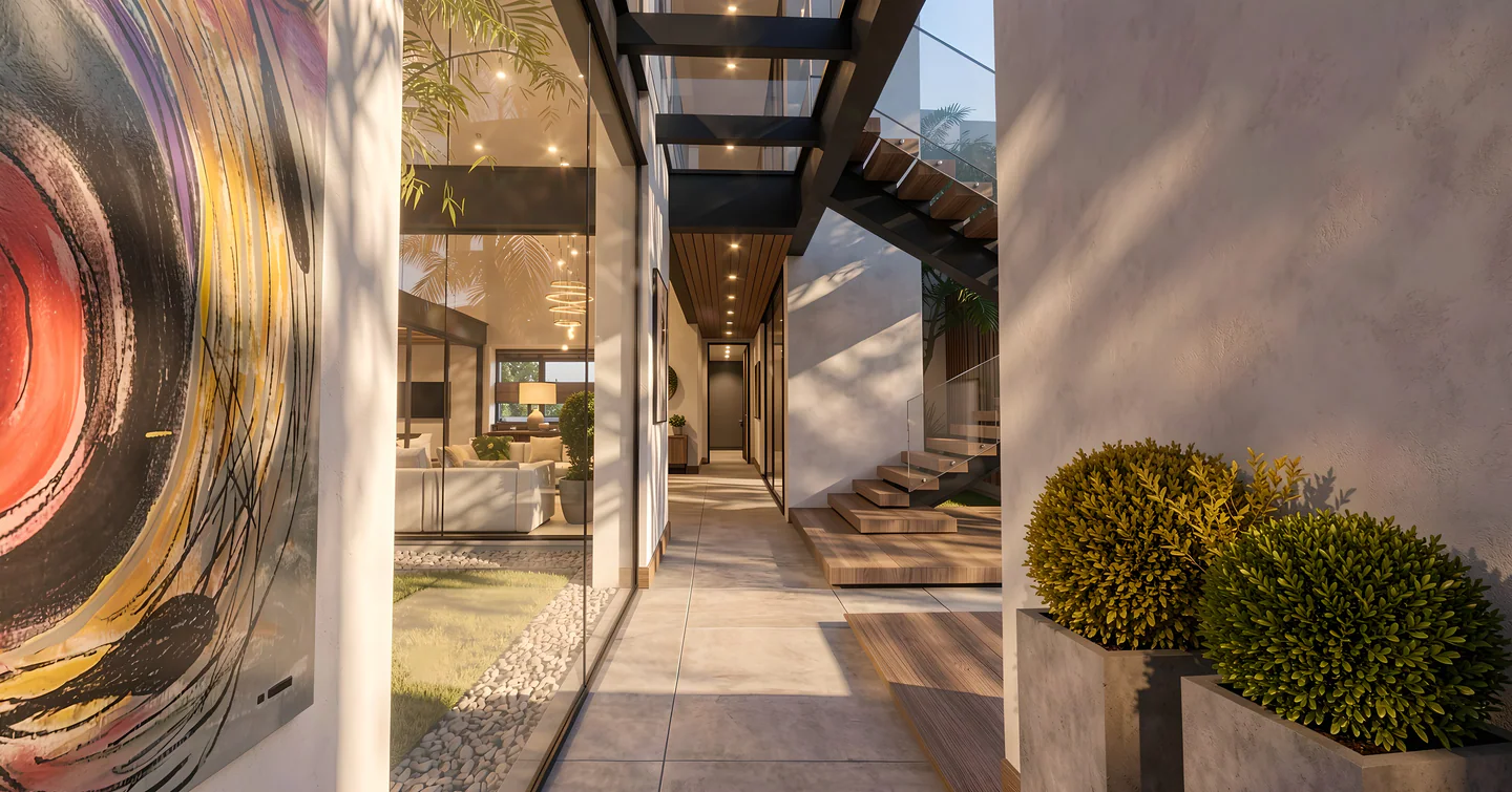 Interior circulation at Villa Real 900 beside the courtyard and stair