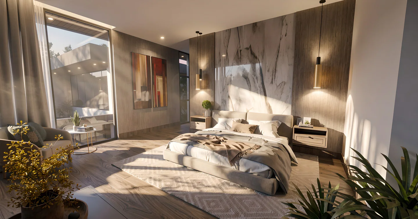 Primary bedroom at Villa Real 900 with warm finishes and a private courtyard